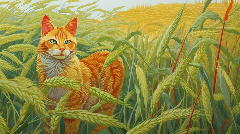 大橘猫观望着绿色麦子麦穗插画背景,插画/手绘图,插画/手绘图库,插画/手绘图下载,插画/手绘